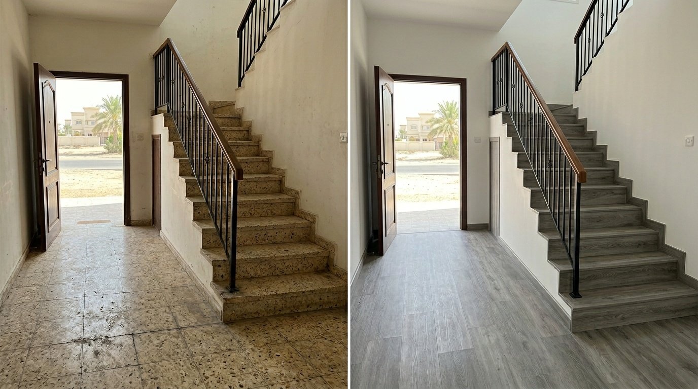Before and after of spc flooring installation on floor and stairs in Umm Al Quwain.