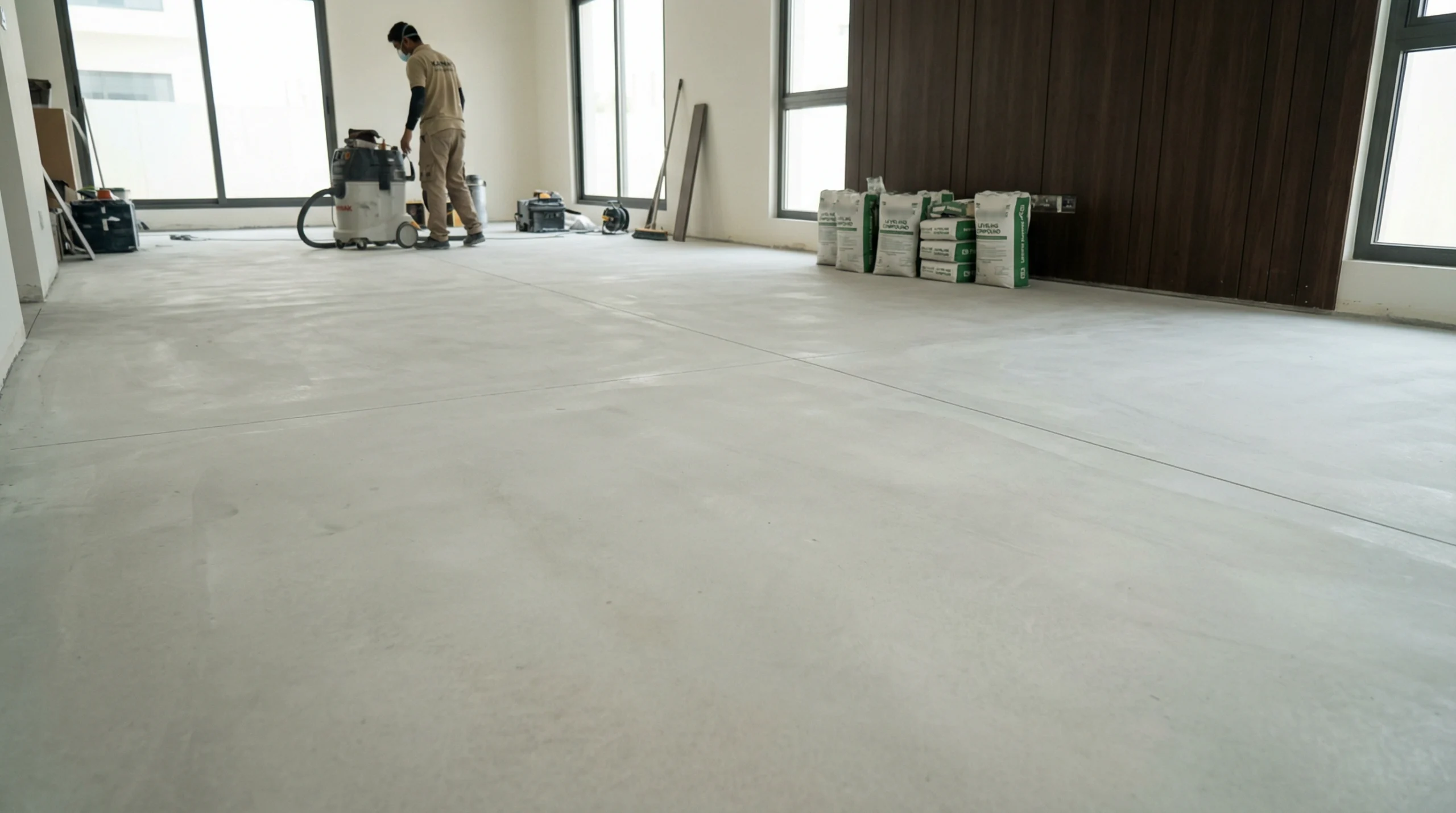 Meticulously prepared and leveled concrete subfloor ready for SPC flooring installation in an Al Barsha villa.