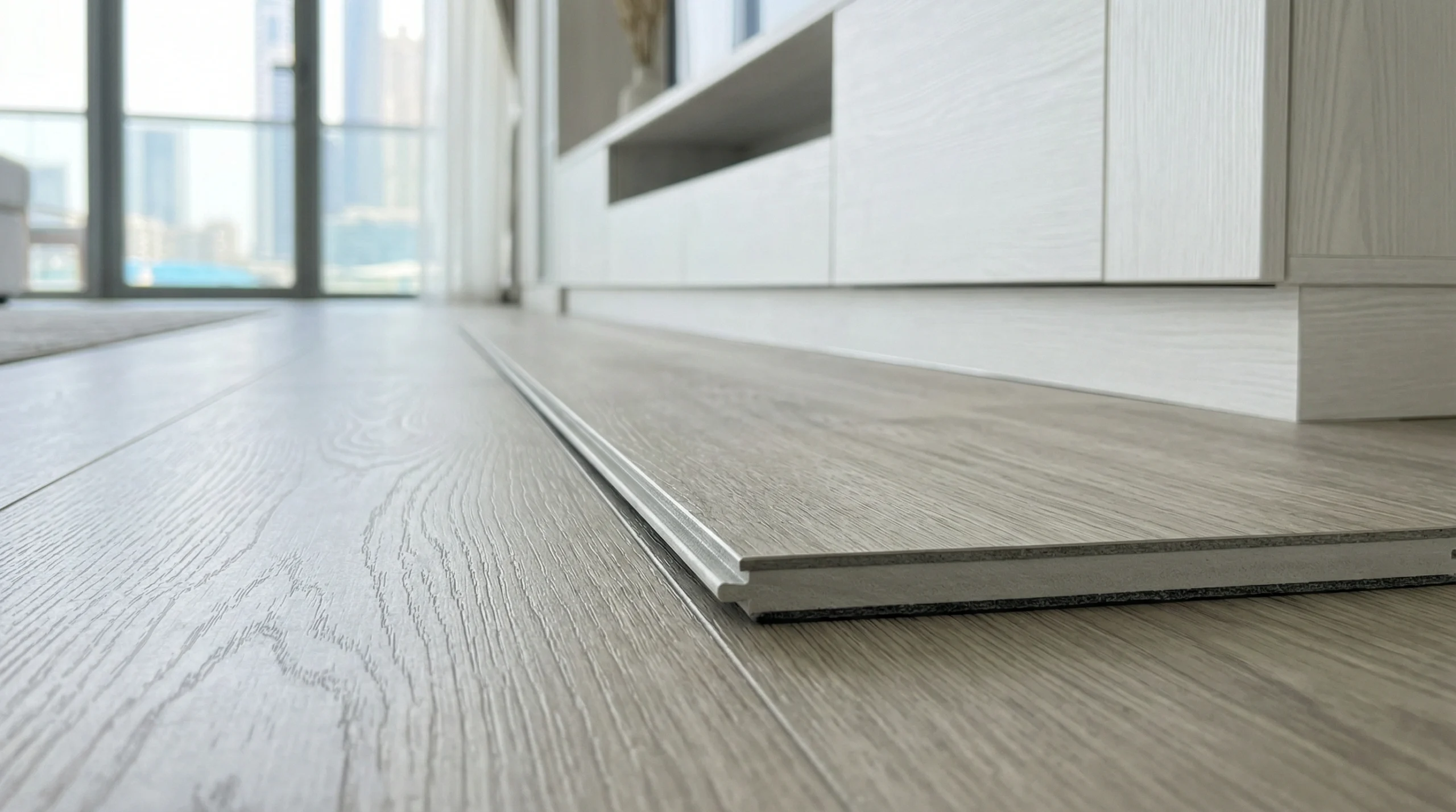 Precise micro-bevel edge of dynamic greige oak SPC flooring planks in a modern Dubai apartment by Karnak Carpentry.