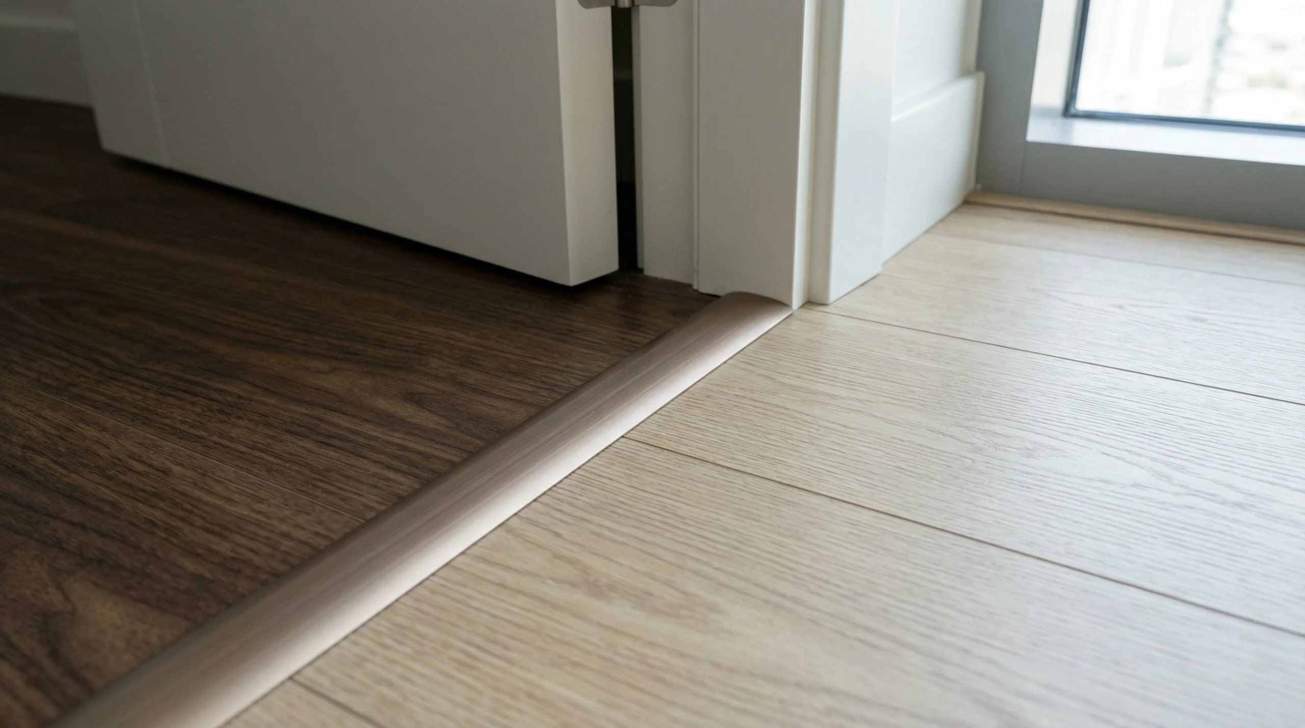 Color-matched aluminum transition strip finishing detail between two types of SPC flooring by Karnak Carpentry.