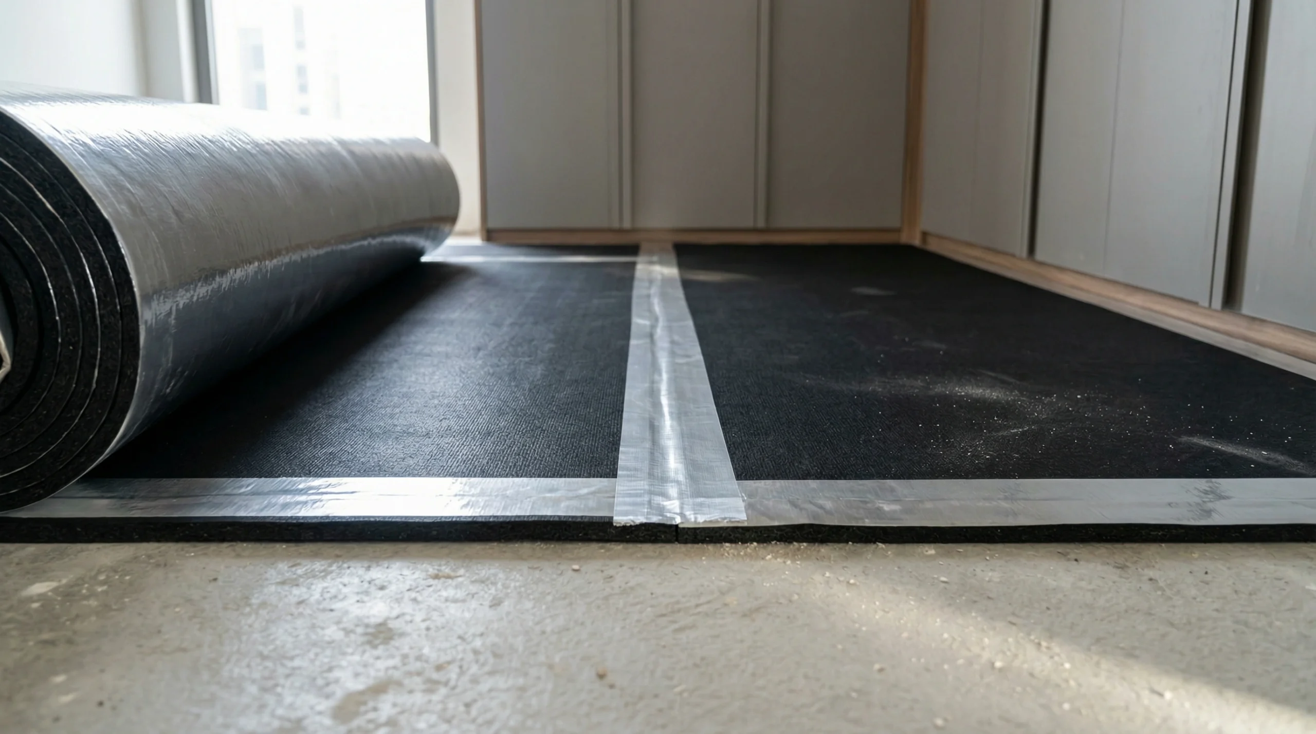 Acoustic underlay with silver vapor barrier being installed over a concrete subfloor in a UAE bedroom.