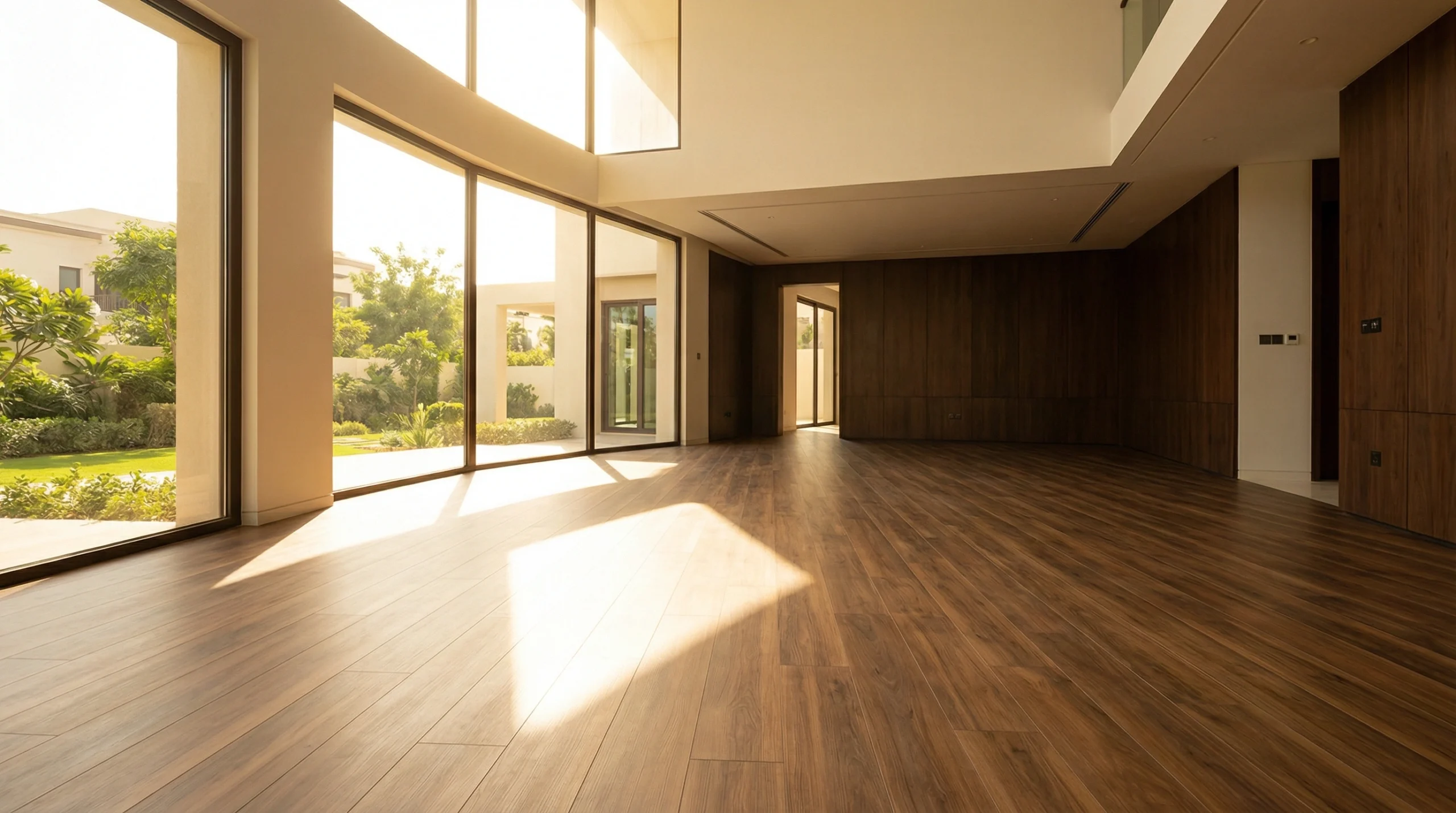 UV-resistant warm walnut SPC flooring in a sun-drenched Arabian Ranches villa living room by Karnak Carpentry.