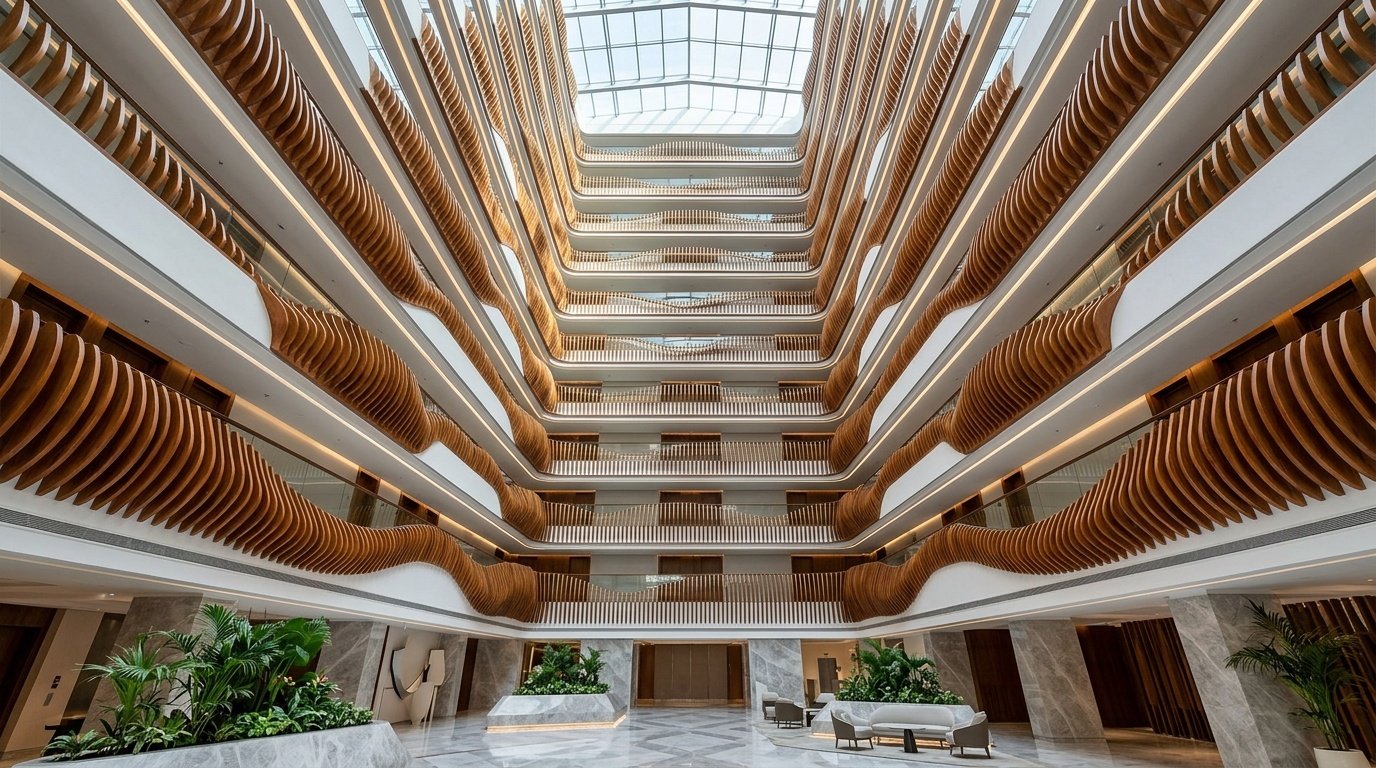 Dramatic undulating wooden architectural fins defining a multi-story hotel atrium in Dubai.