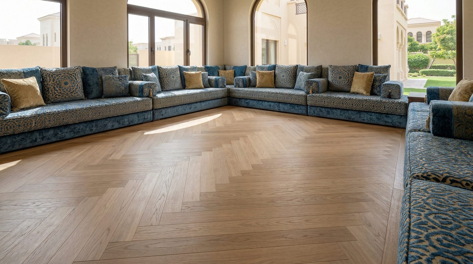 Seamless, matte-finished engineered oak parquet flooring in an Arabian Ranches villa.