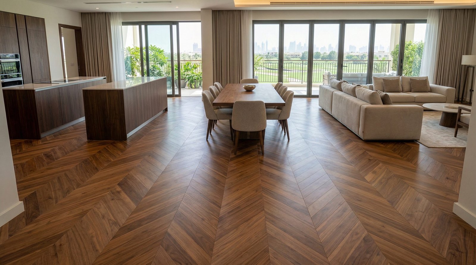 Flawless, stable walnut chevron parquet floor spanning an open-plan luxury villa.