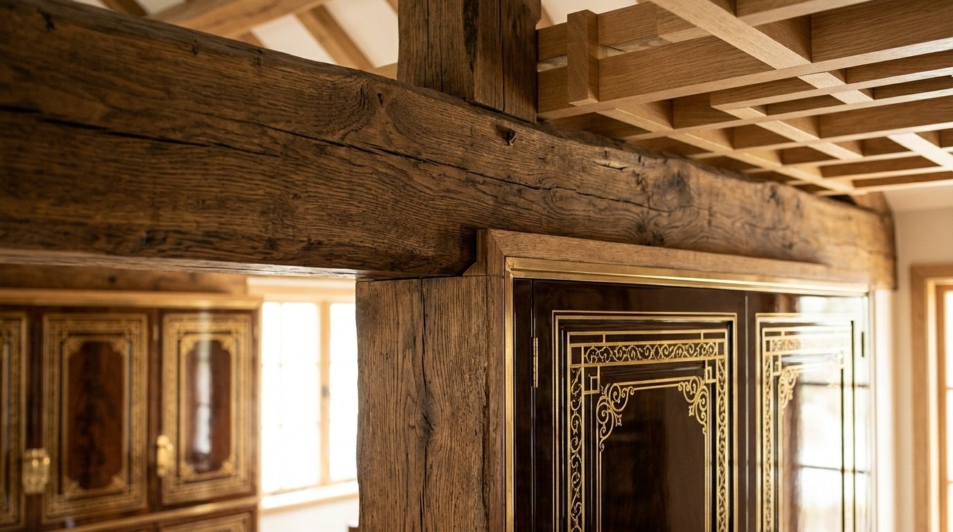 Flawless integration of structural timber beams and fine finished brass-inlaid cabinetry.