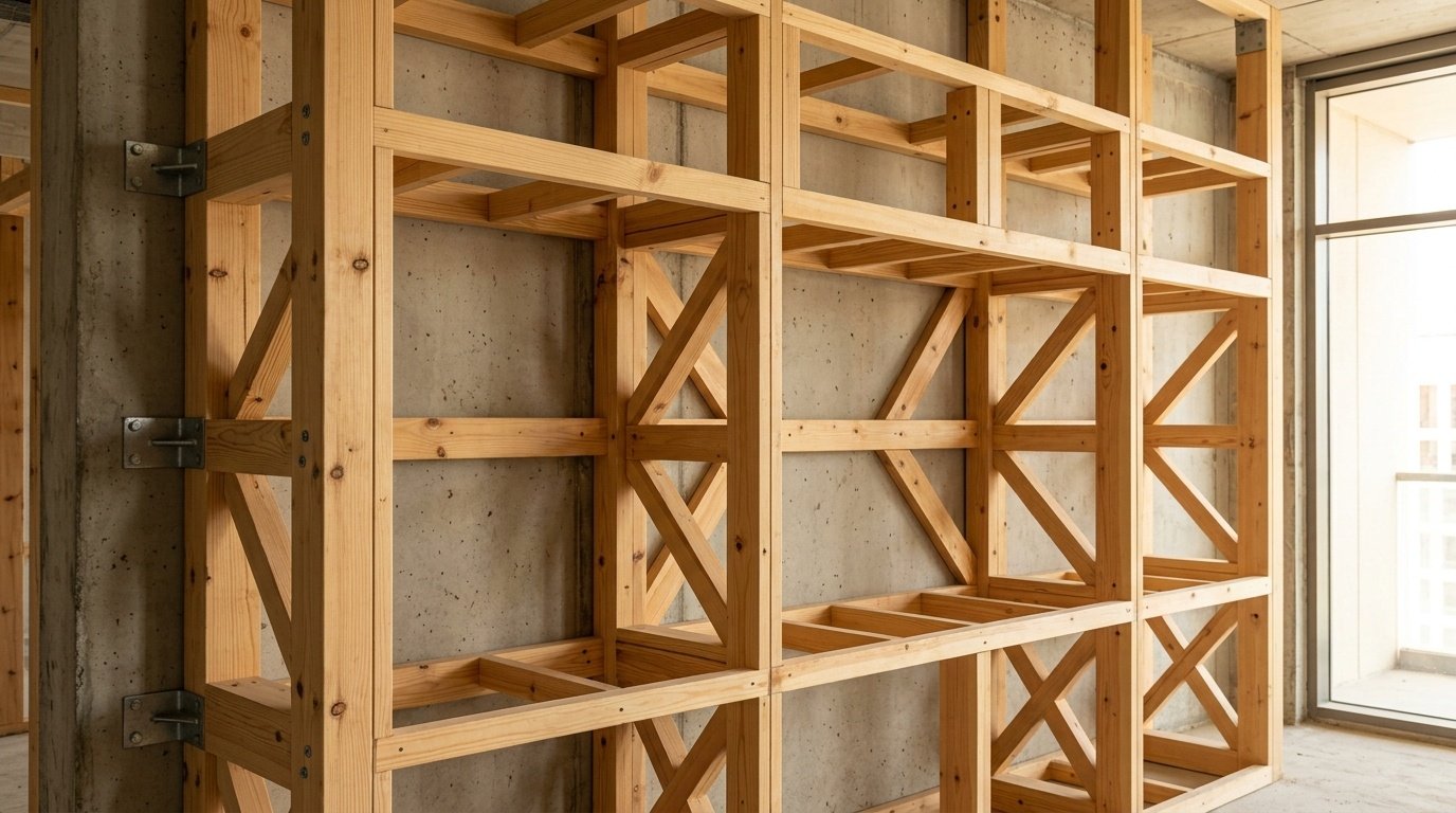 Raw Internal Wooden Framework Securely Anchored For A Large Built In Dining Cabinet.