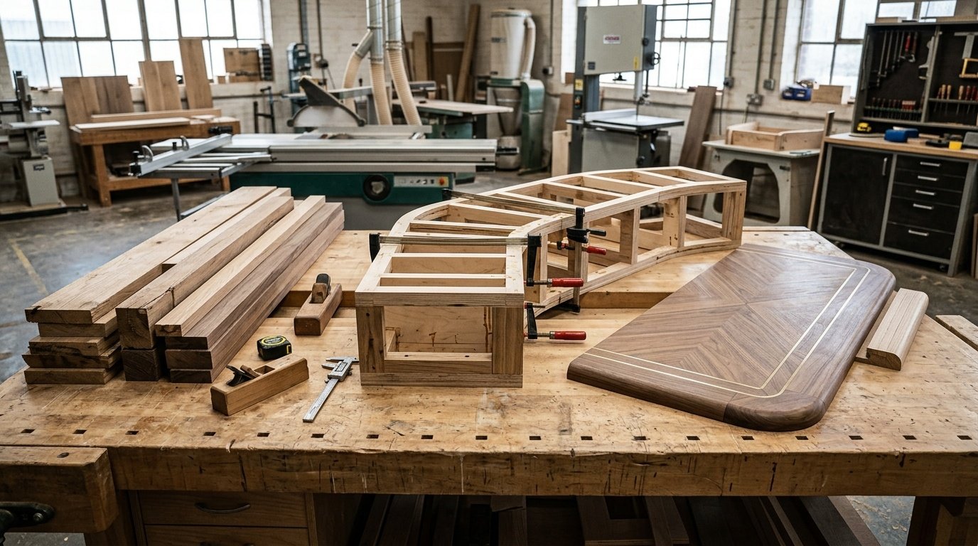 Different stages of custom joinery fabrication laid out in a workshop environment.