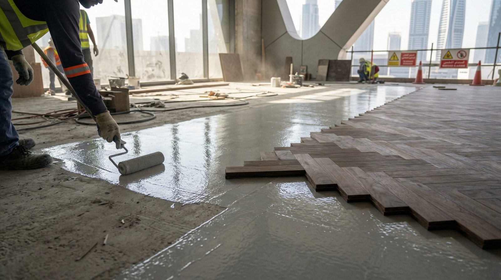 Application of moisture barrier on subfloor before parquet installation in Dubai.