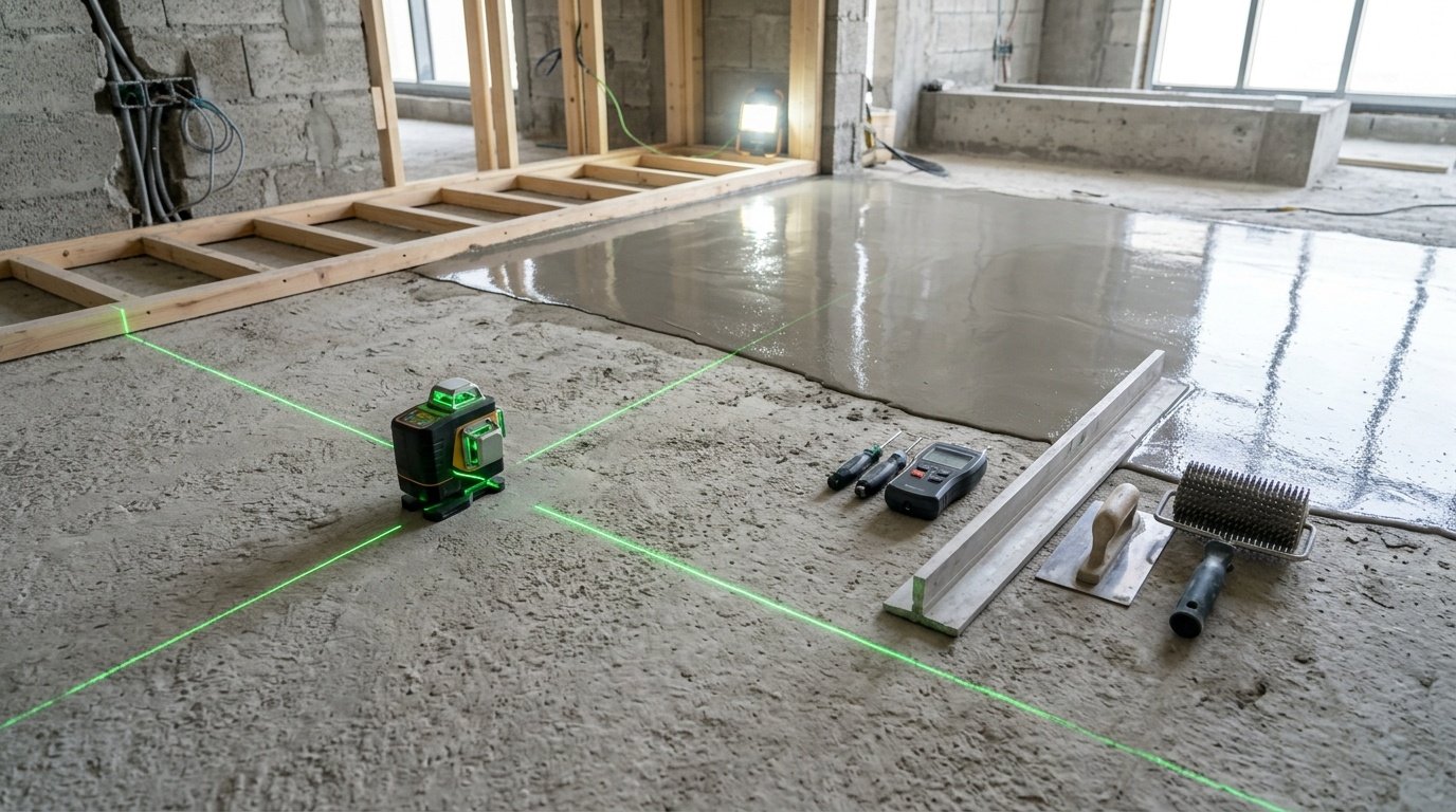 Raw concrete subfloor evaluation with laser level and self-leveling compound in a RAK villa.