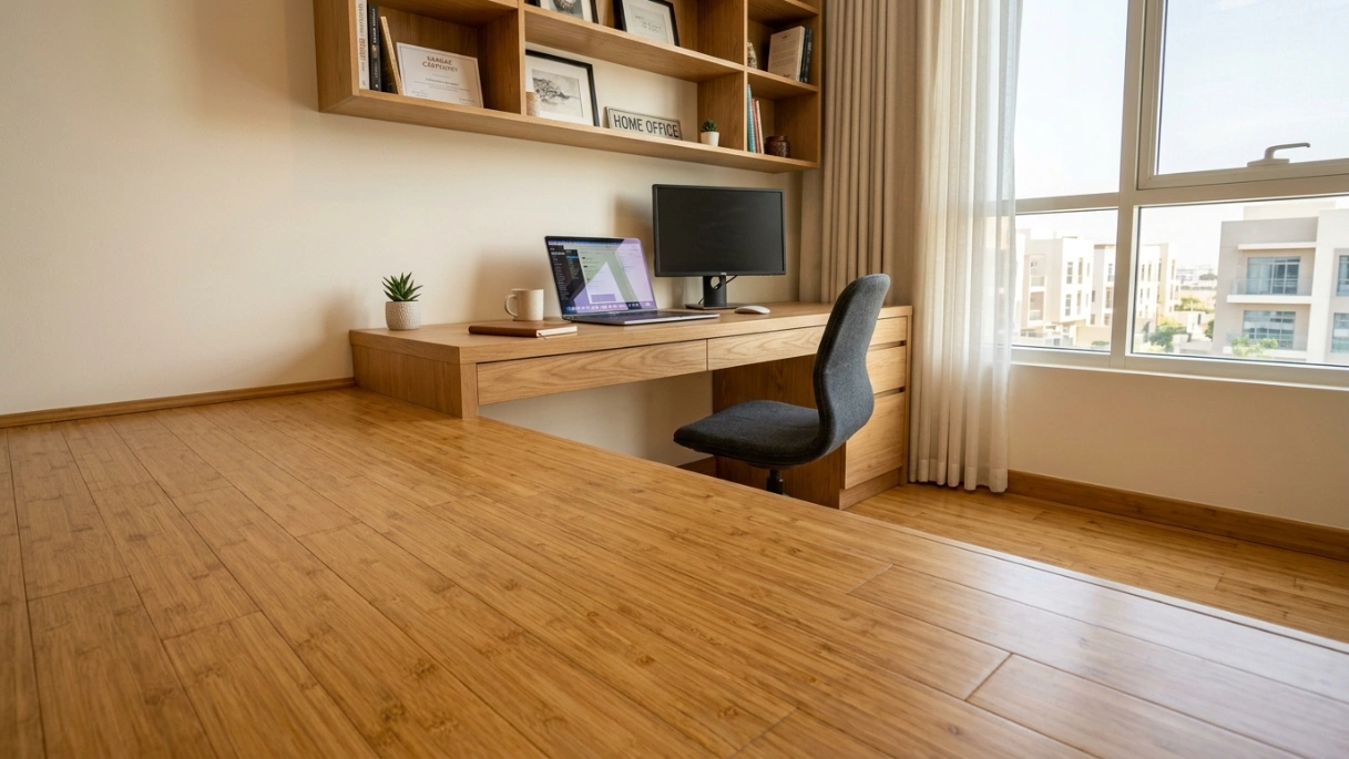 Sustainable bamboo wooden flooring installed in a home office in Dubai Investment Park by Karnak Carpentry, showing uniform grain.
