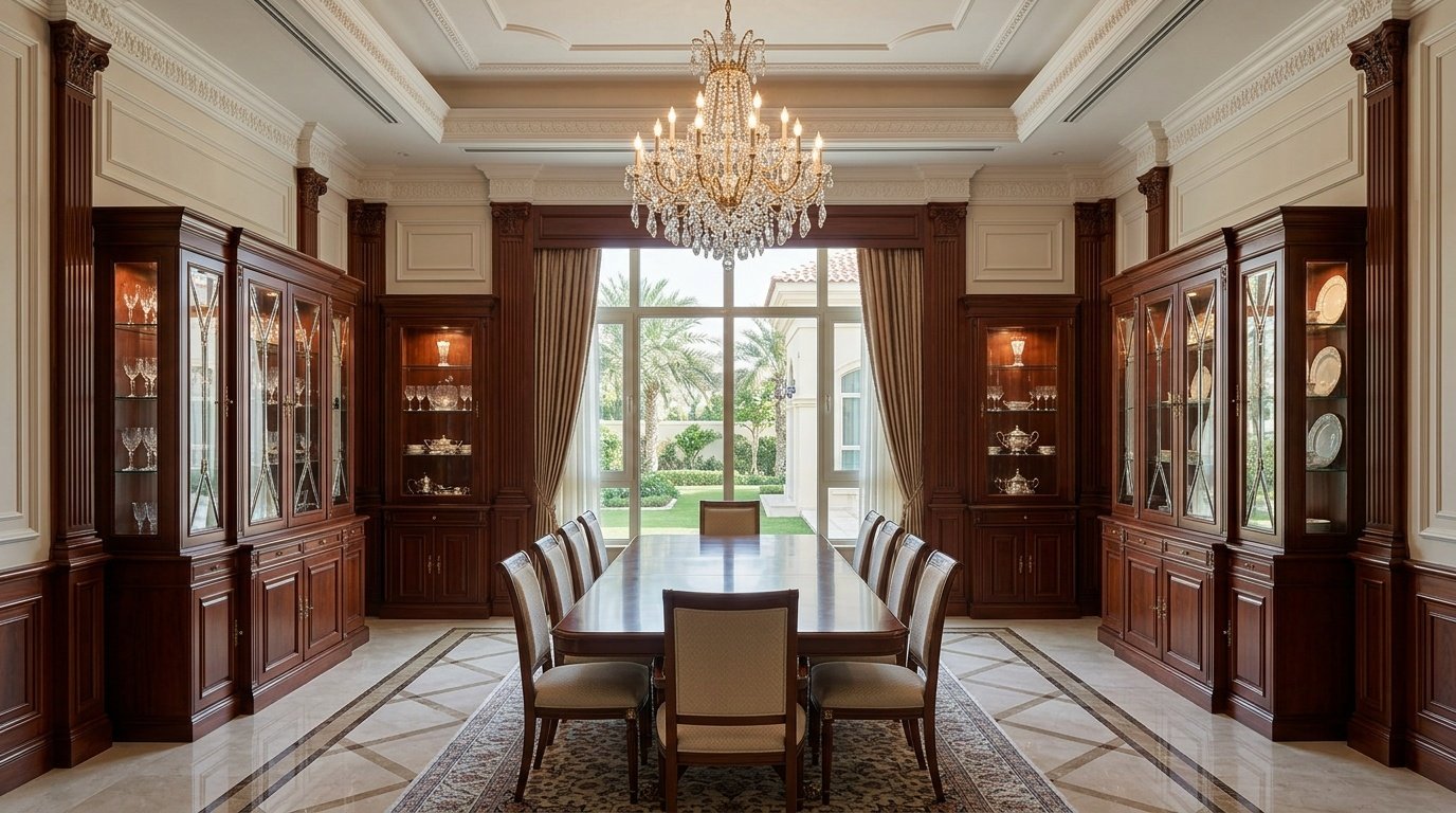 Symmetrical Twin Mahogany Custom Built In Cabinets In An Abu Dhabi Villa.