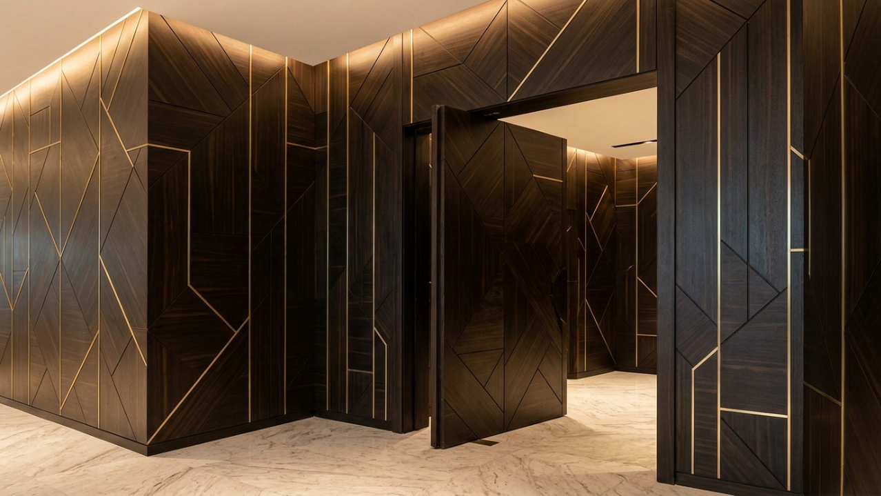 Executive ebony wood wall paneling and pivot door in Dubai.