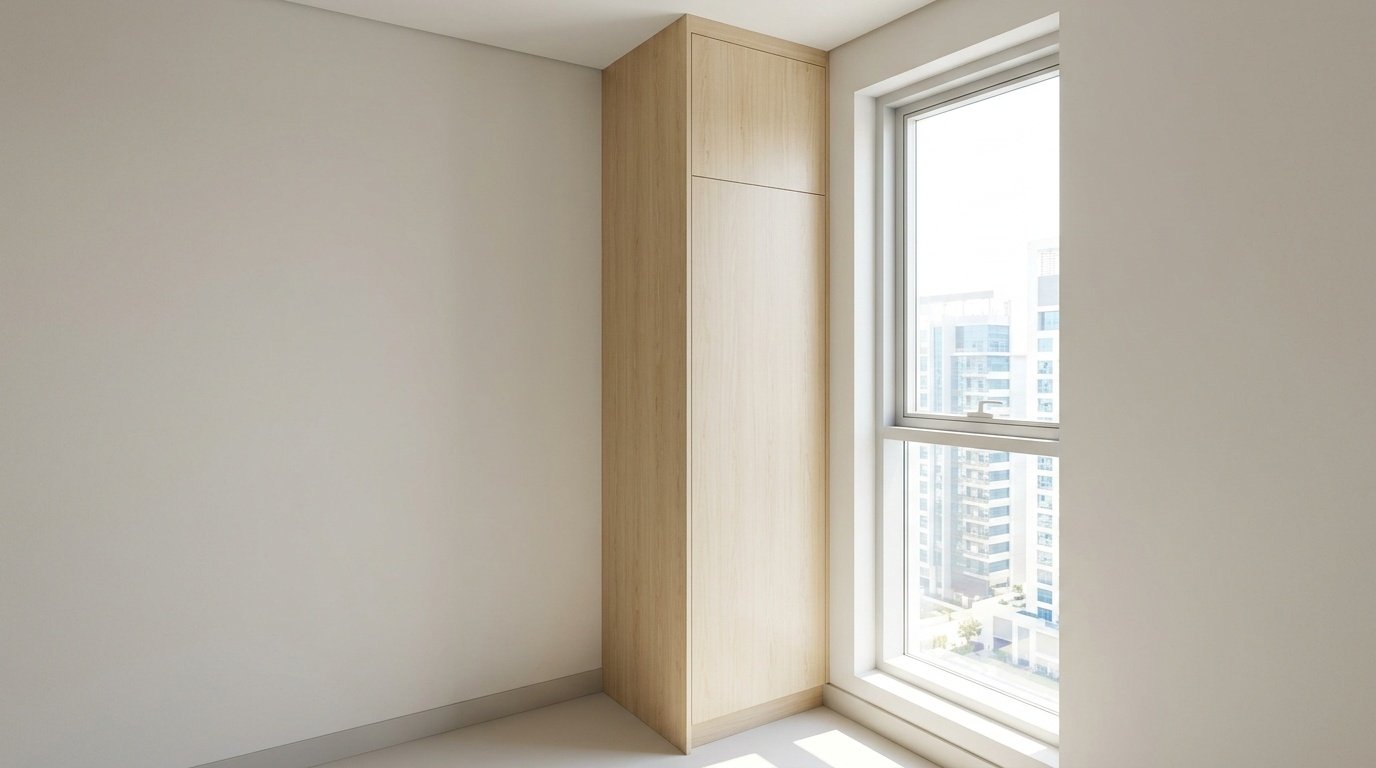 Tall Narrow Birch Wood Custom Corner Cabinet In A Business Bay Apartment.