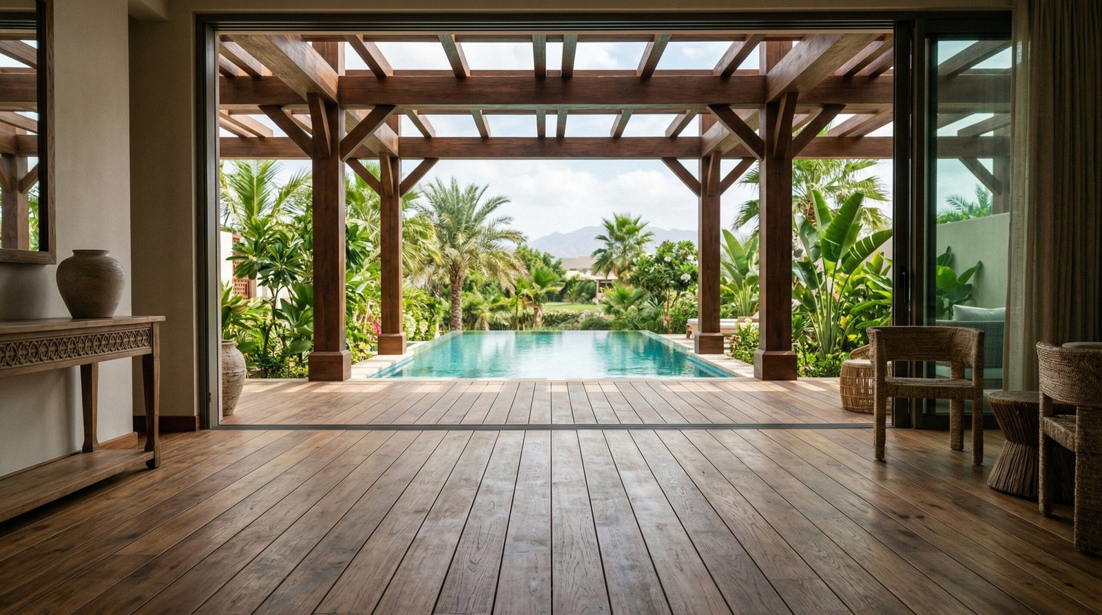 Rustic matte teak parquet flooring in a luxury resort villa foyer in Ras Al Khaimah.