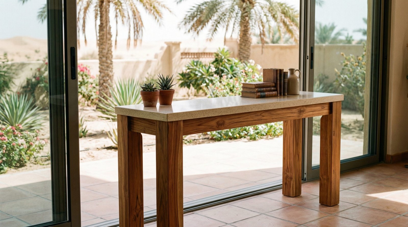 Durable teak and quartz console table designed for humidity-resistant outdoor use in the UAE.