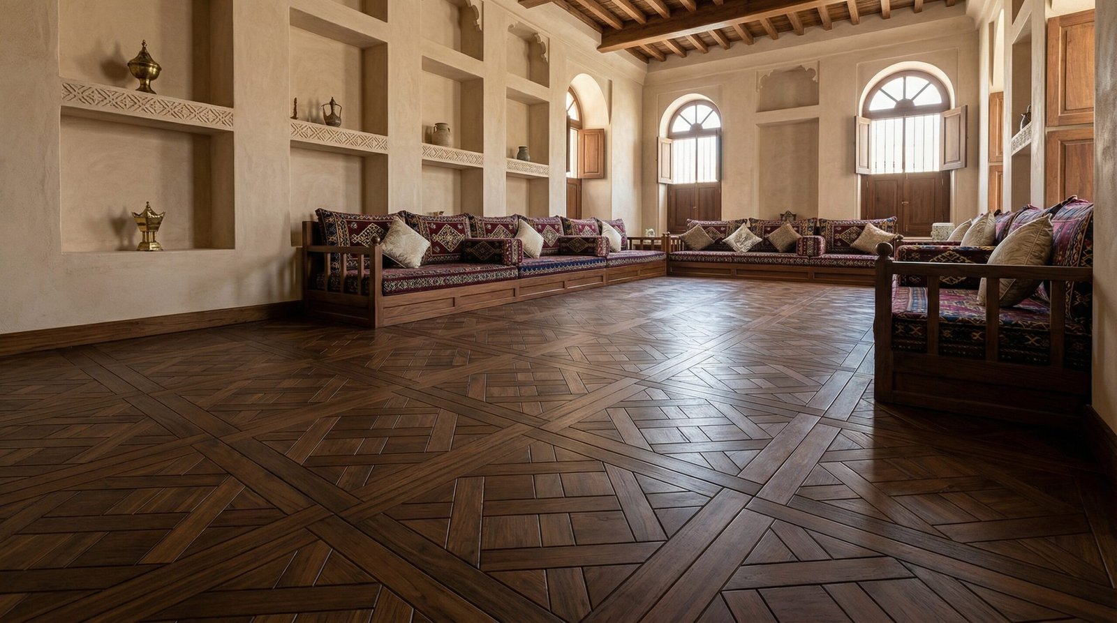 Dark teak Versailles pattern parquet in a traditional Majlis in a Sharjah villa.