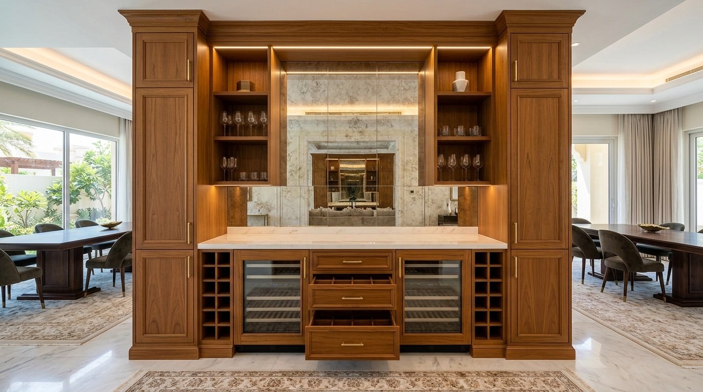 Teak Wood Custom Built In Dining Service Center In A Luxury Dubai Villa.
