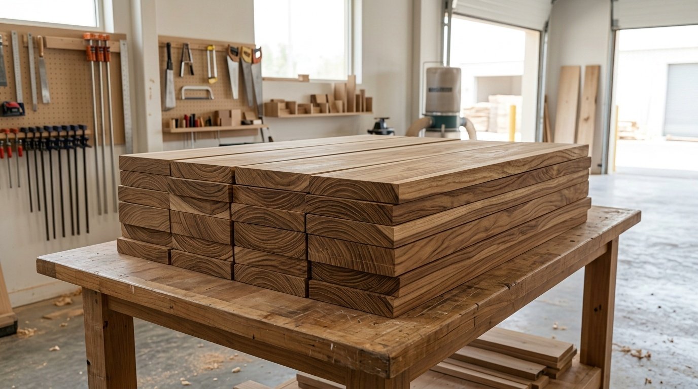 Stack Of Raw Teak Wood Planks In A Dubai Workshop For Climate Resistant Cabinets.