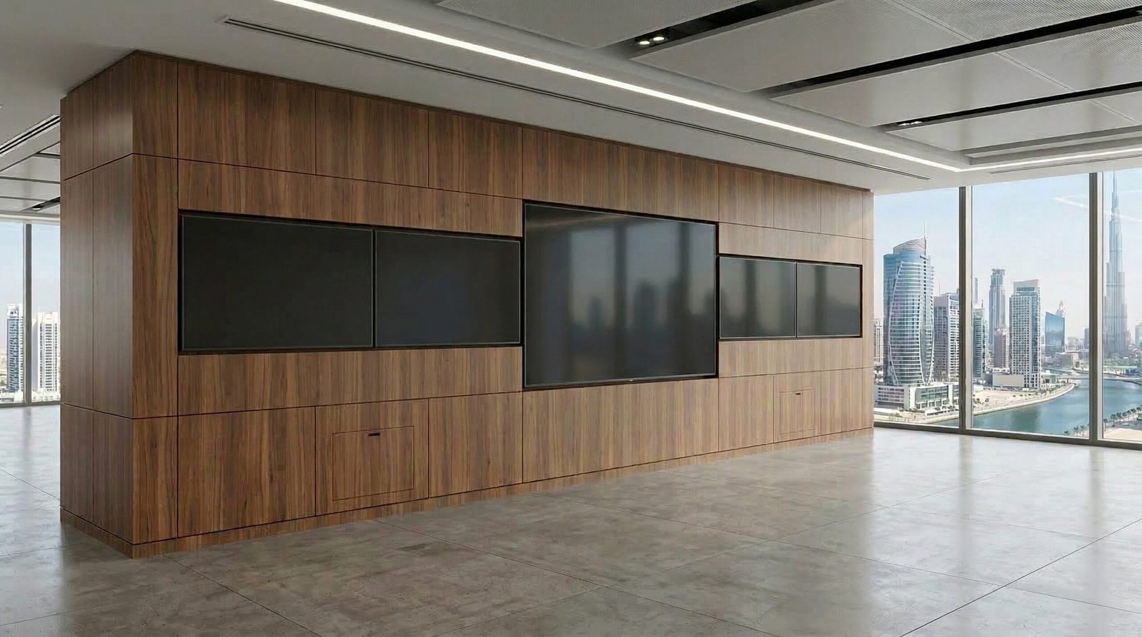 Custom built-in media walls with integrated AV screens and technology in a Business Bay headquarters office.