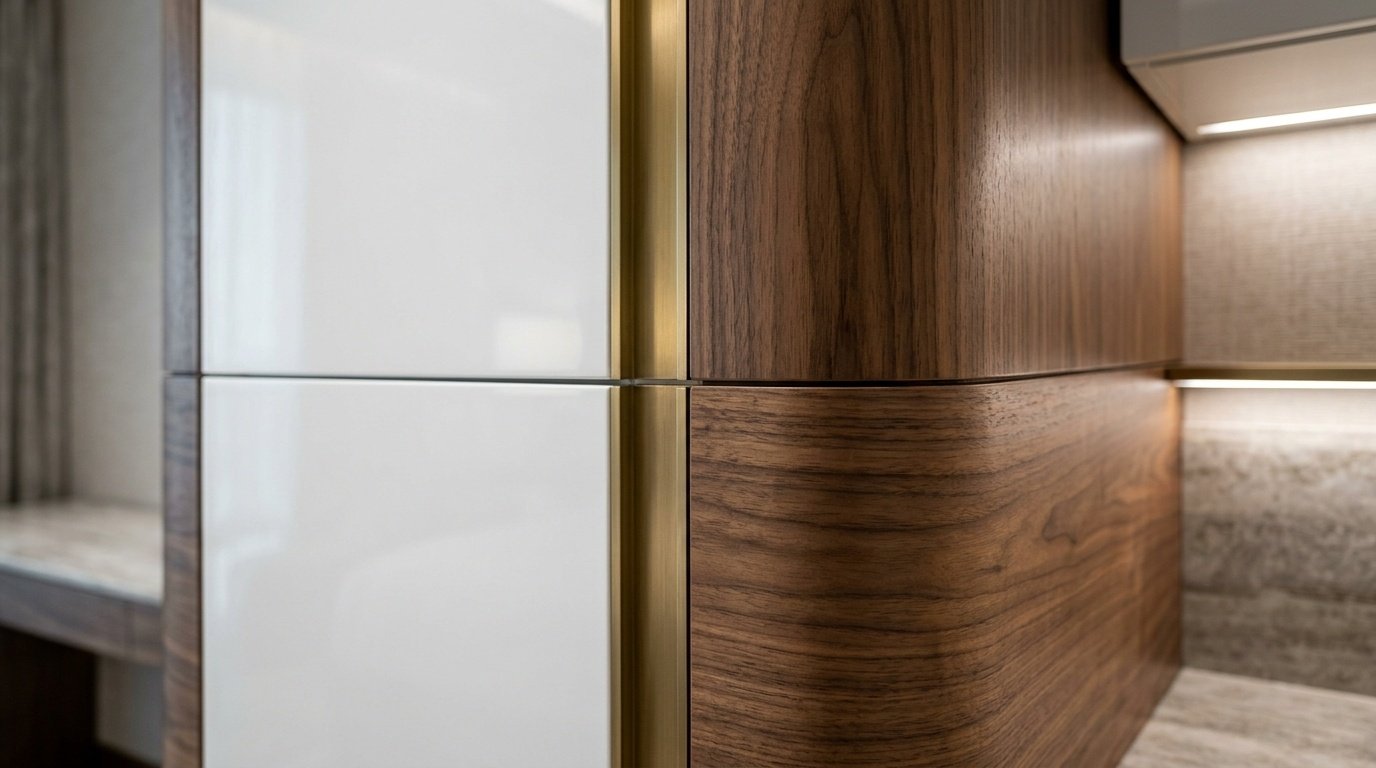 Detail of precision material transitions (lacquer, brass, walnut) in a hotel fit-out by Karnak Carpentry.