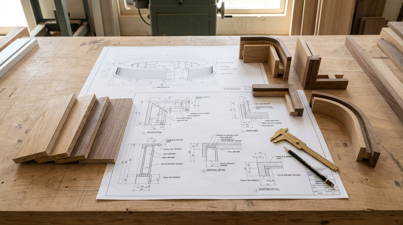 Detailed technical joinery drawings and physical material samples on a workshop table in RAK.