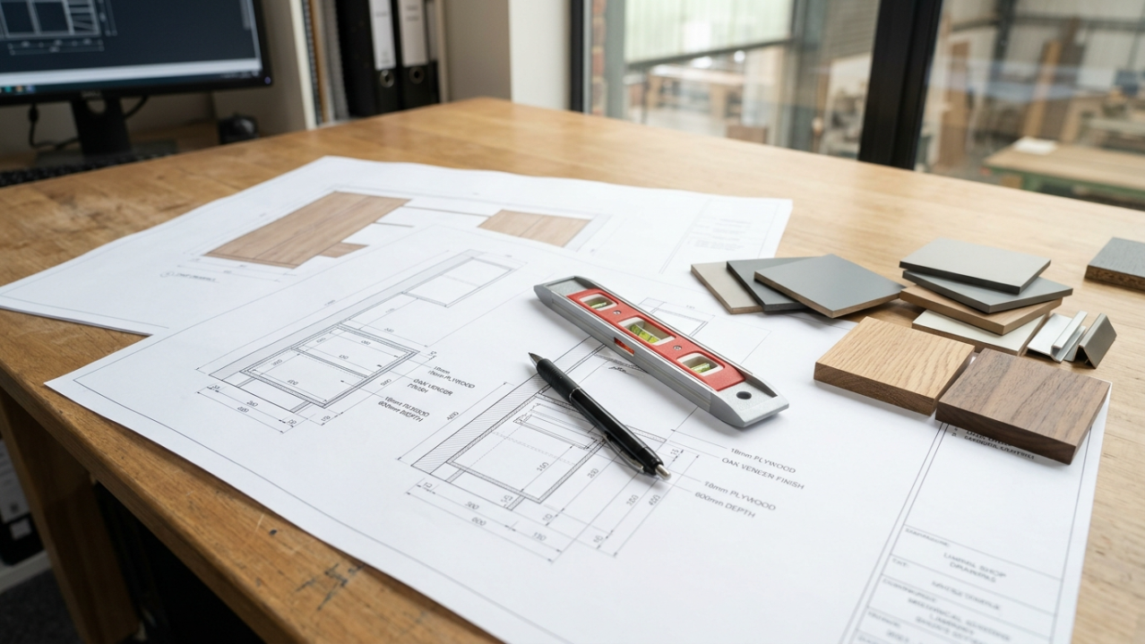 Technical drawings and material samples ready for final technical verification before production scheduling.