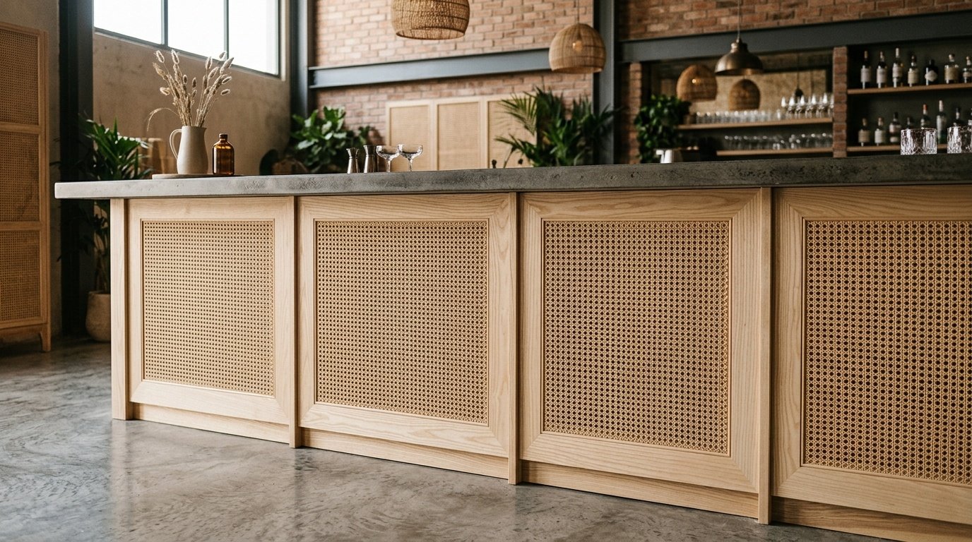 Custom light-stained ash wood bar counter with intricate inset rattan webbing at The Rattan Room.