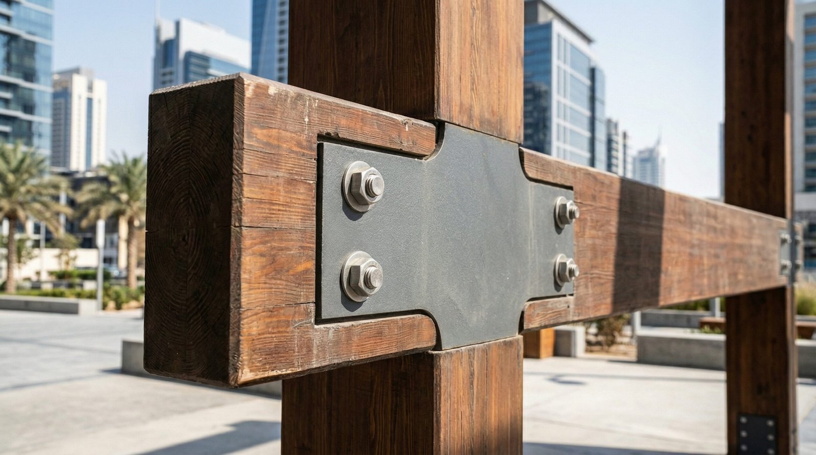 Engineered large-span pergola beam and column connection detail with steel saddle bracket installed at UAE commercial property
