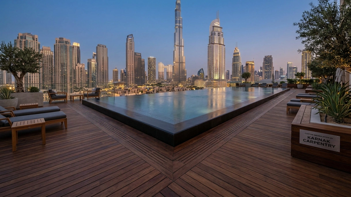 Extensive thermally modified wood (TMT) decking installed around a Downtown Dubai rooftop infinity pool by Karnak Carpentry.