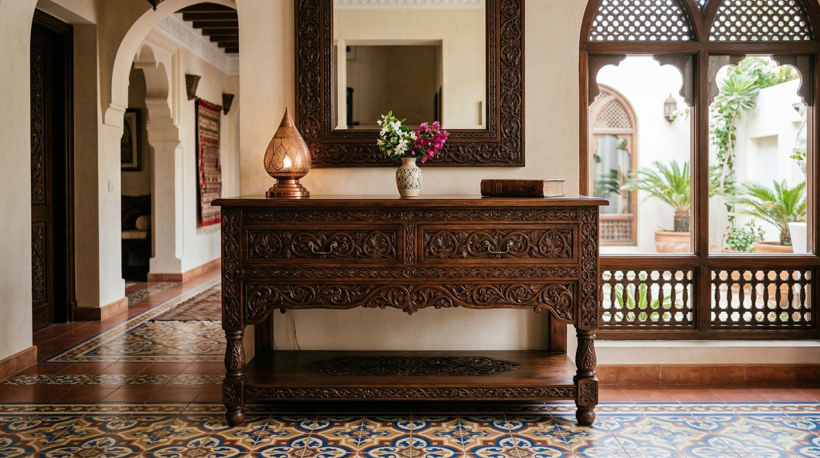 Ornate carved Arabesque dark wood console table with drawers in a Sharjah villa.