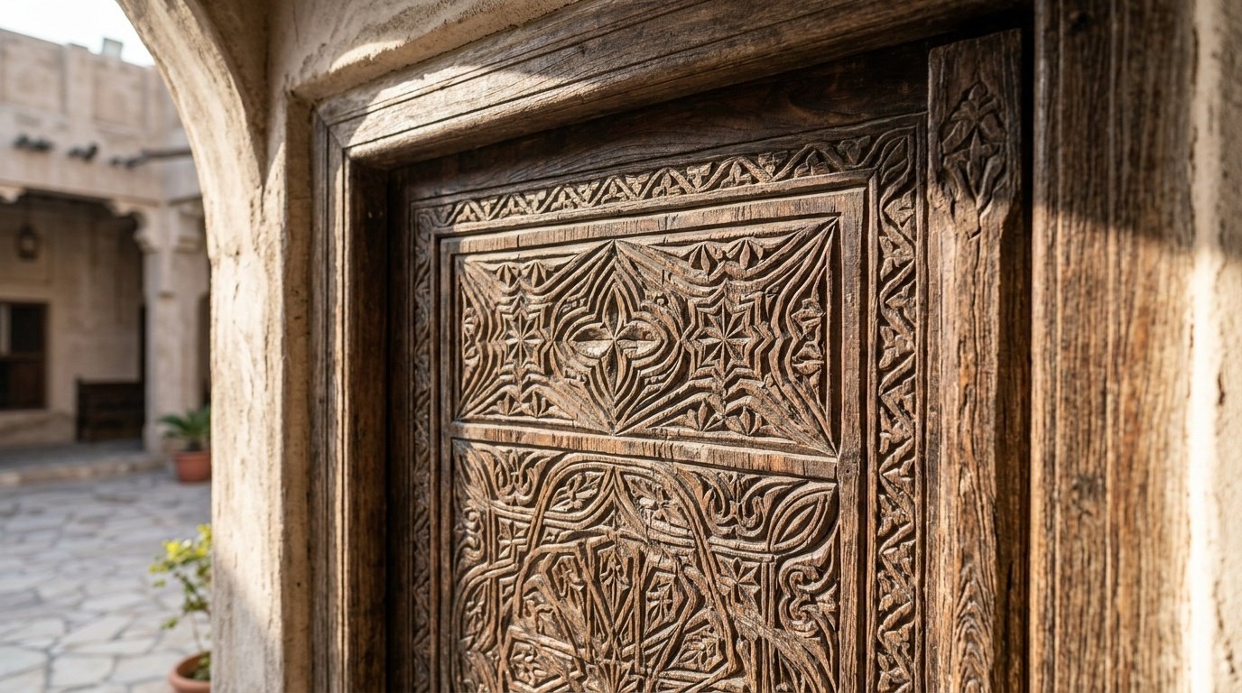 Traditional hand-carved Arabic-style teak wood door and frame in a heritage hotel.