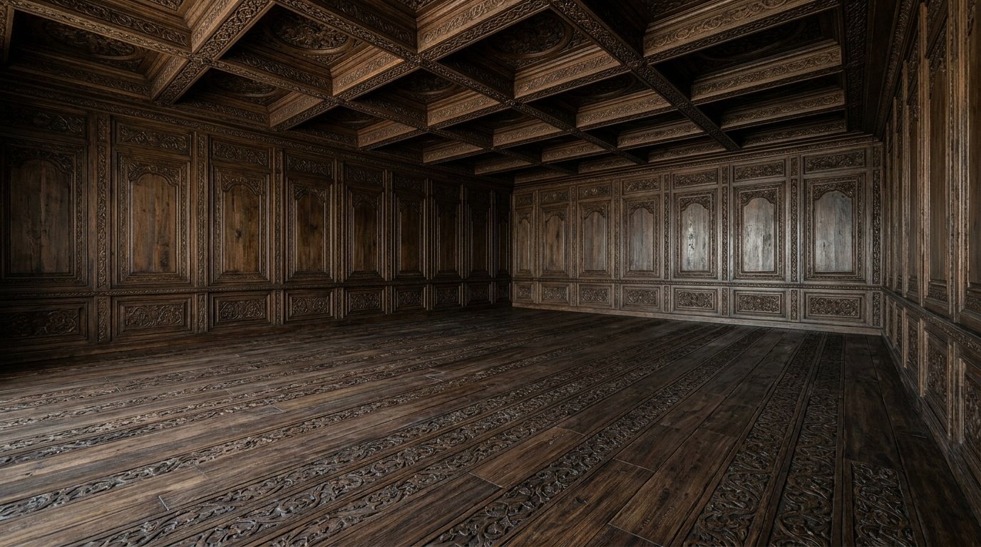 traditional carved solid wood flooring integrated with carved Majlis joinery in Fujairah.