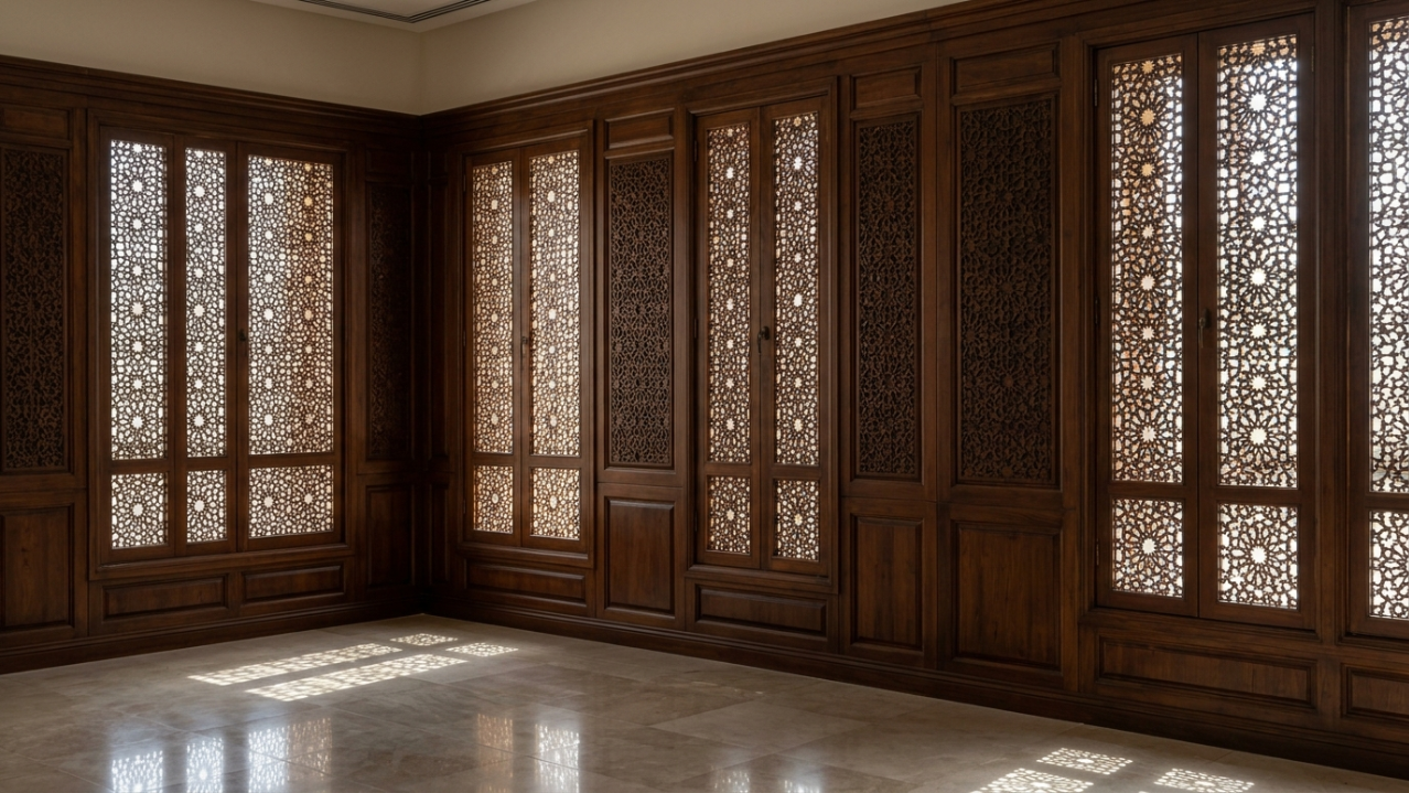 Traditional carved wooden Majlis paneling and window shutters in a Sharjah government office by Karnak.