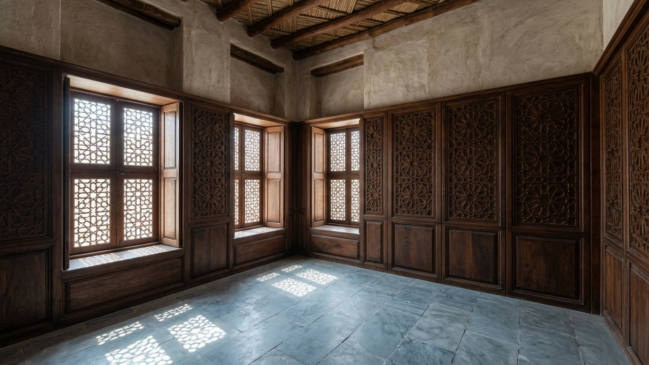 Traditional carved wooden screens and wall paneling integrated into an authentic Sharjah Majlis by Karnak.