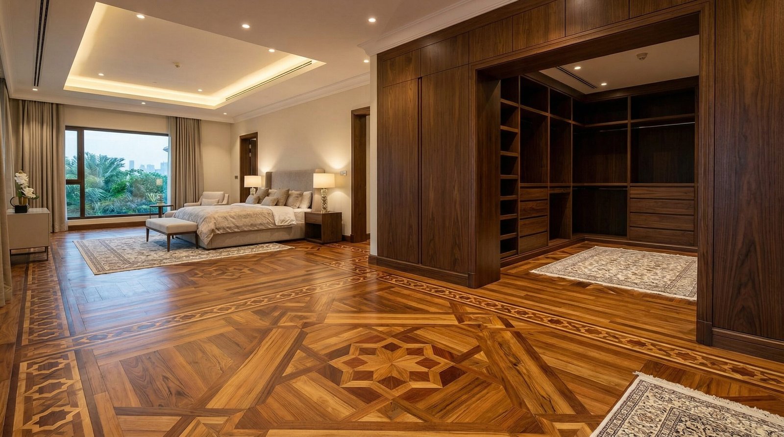 Parquet flooring with traditional geometric patterns in an Emirates Hills villa master suite.