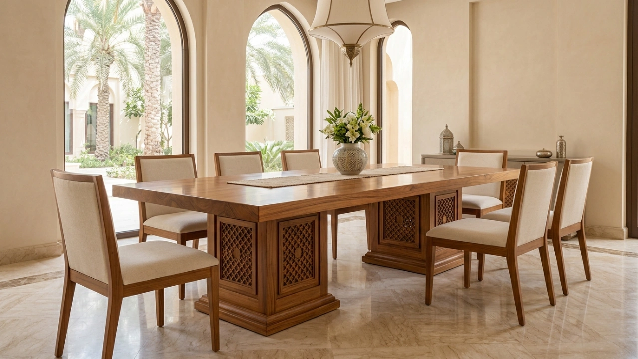 Custom teak dining table with modernized traditional Emirati architectural motifs in a Jumeirah villa.