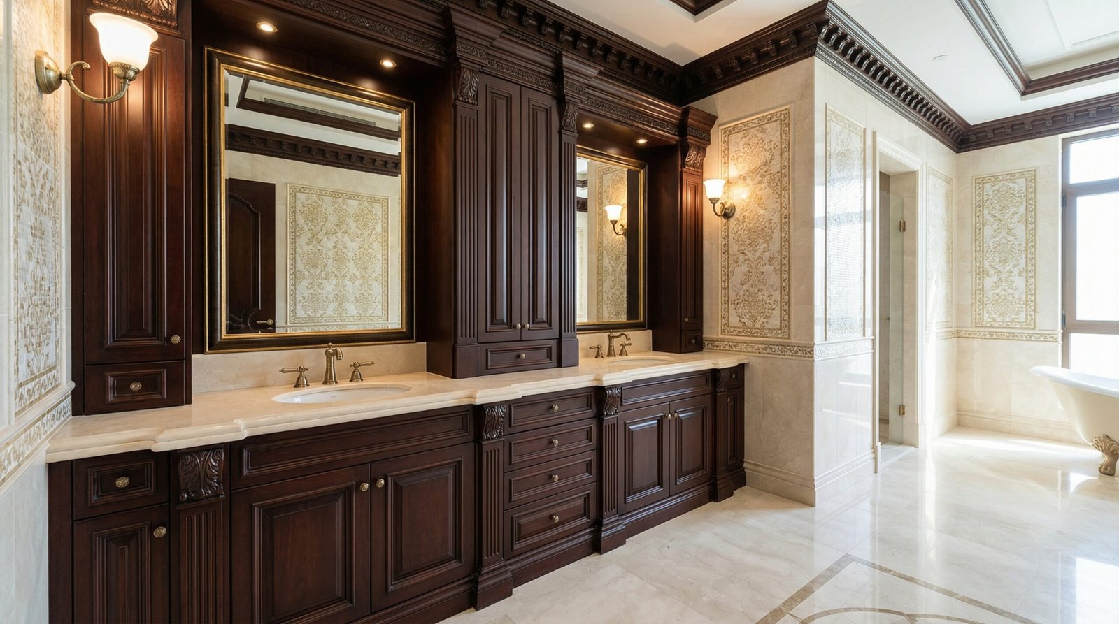 Traditional mahogany double vanity with raised panels, crema marfil marble, and antique brass tapware in Emirates Hills UAE villa master ensuite