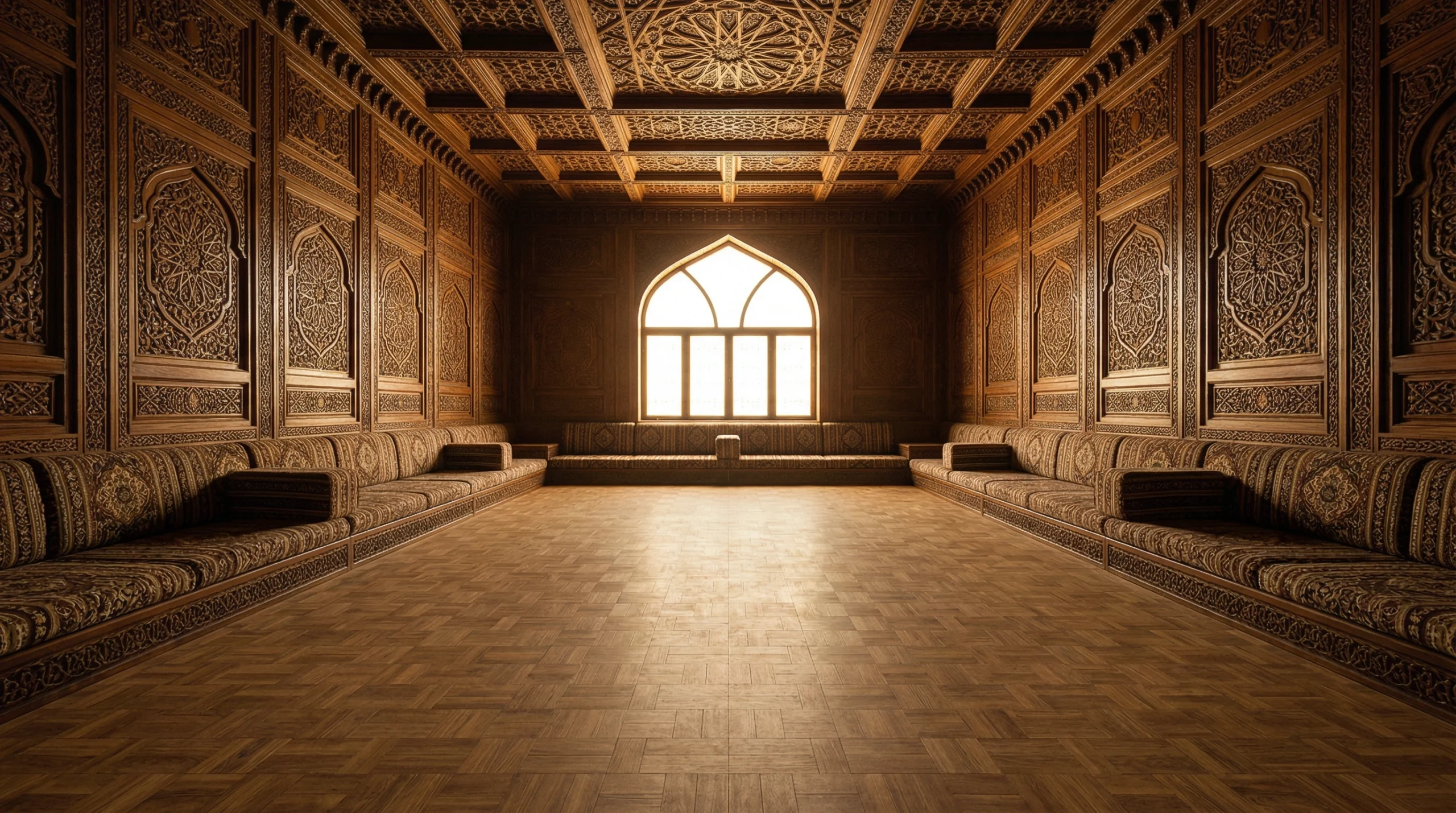 Traditional patterned oak laminate flooring integrated with carved traditional joinery in an Al Ain Majlis.