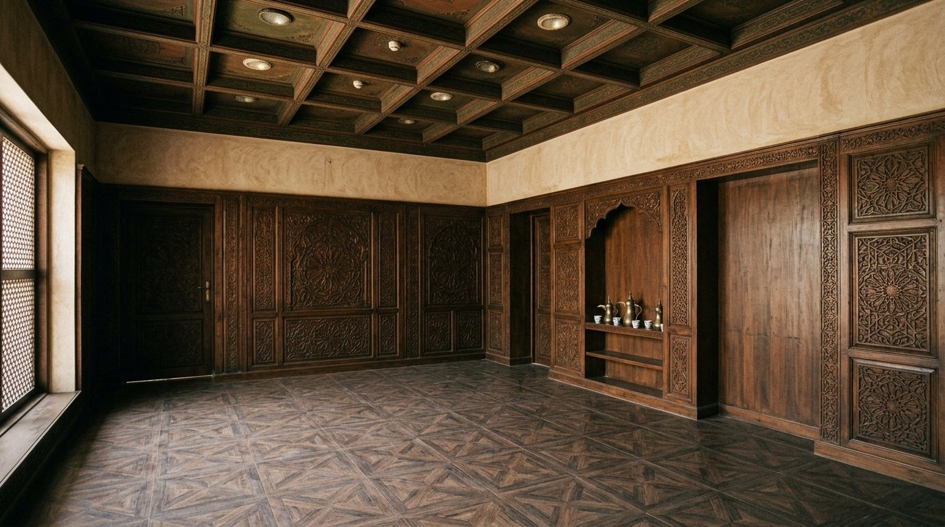 Durable traditional parquet vinyl flooring integrated with carved Majlis joinery in Al Ain by Karnak.