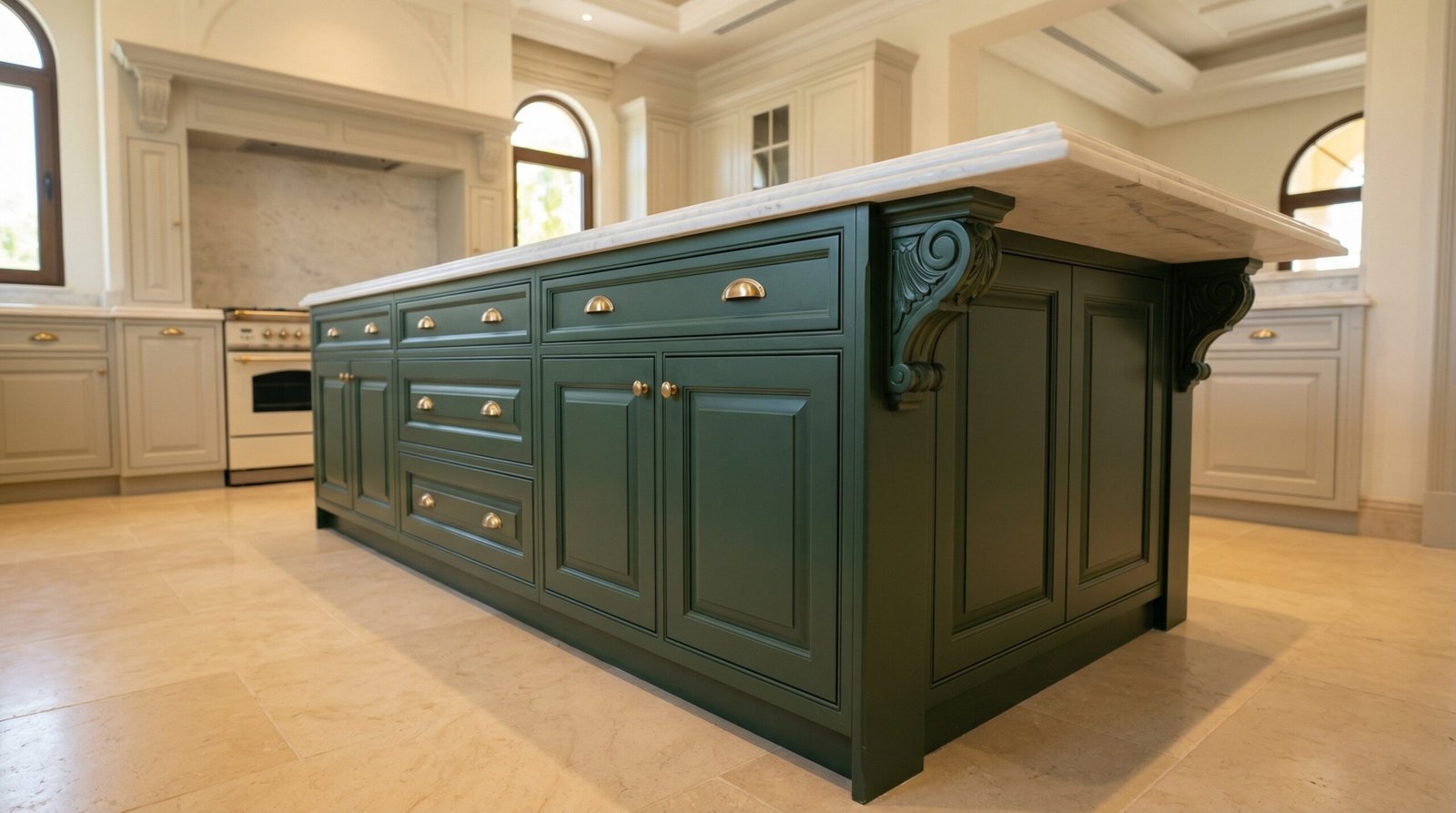 Traditional Shaker-profile kitchen island in deep green with ogee marble countertop, gold handles, and carved corbels in UAE villa