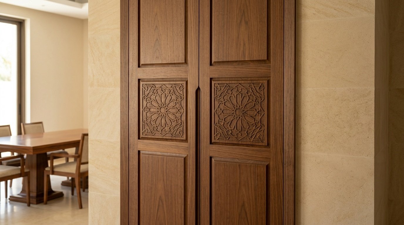 Custom Built Dining Cabinet With Traditional Arabesque Carvings In A Dubai Villa.