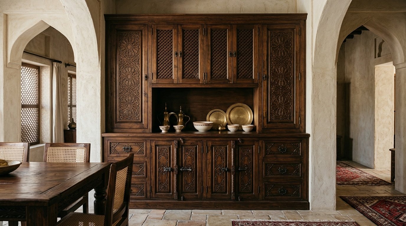 Traditional Arabesque Dark Wood Custom Built In Dining Unit In Jumeirah.