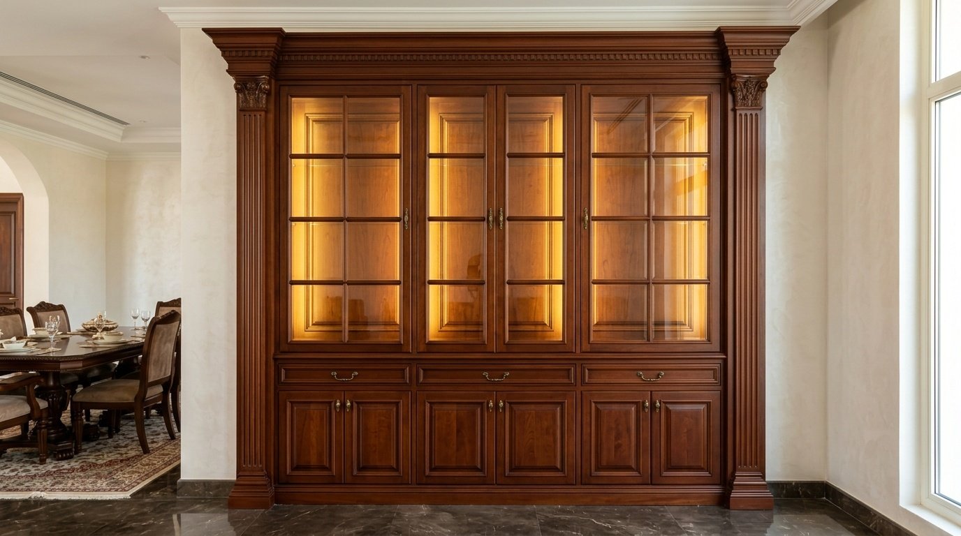 Traditional Cherry Wood Custom Built Dining Display Cabinet In A Sharjah Villa.
