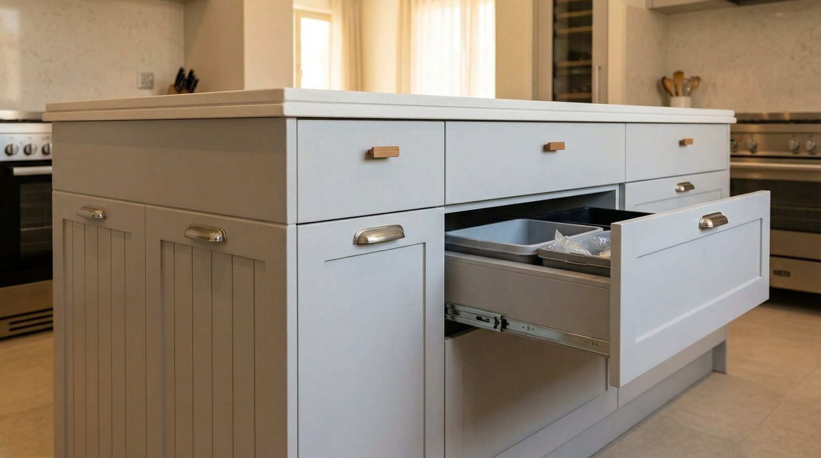 Transitional kitchen island with grey beadboard lower panels, flat-panel drawers, quartz countertop, and integrated bin in Dubai townhouse