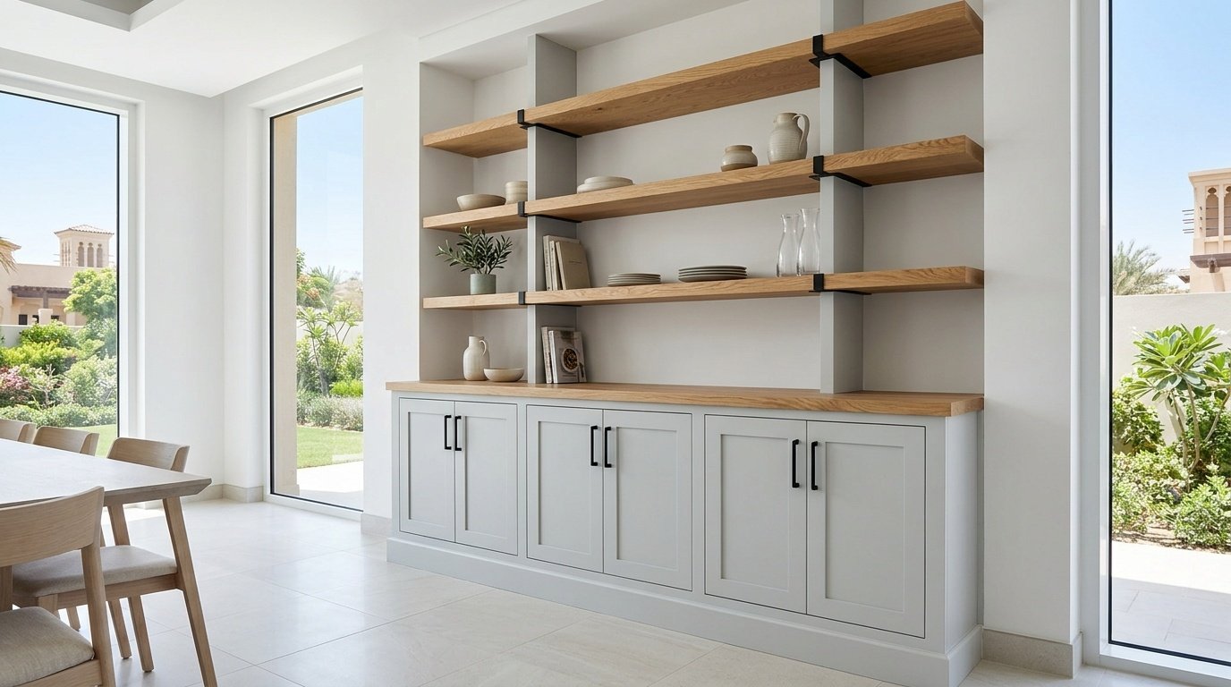 Transitional Shaker Style Built In Dining Cabinet In An Arabian Ranches Villa.