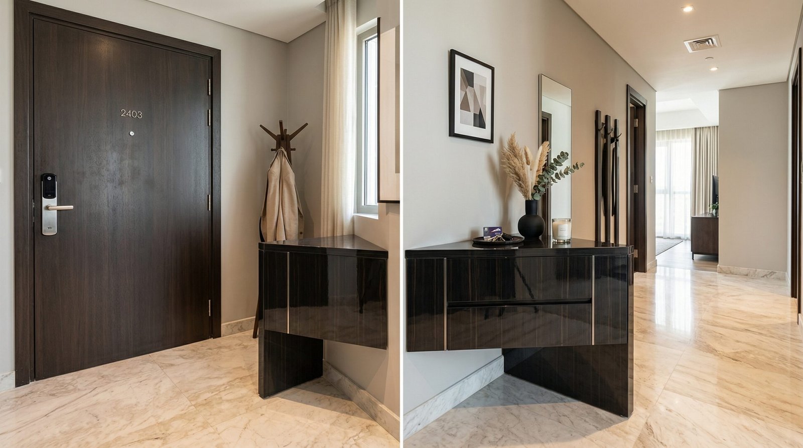 Compact triangular corner console table optimizing space in a Business Bay apartment.