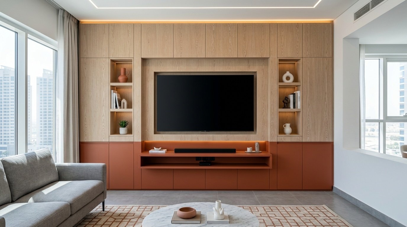 Custom built-in TV feature wall in terracotta lacquer and limed oak panels with LED lighting in Ajman apartment