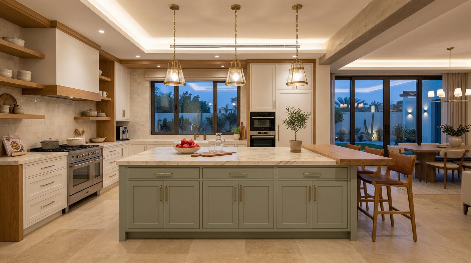 Completed UAE villa kitchen island in sage green and natural oak two-tone finish with stone countertop and pendant lighting at dusk