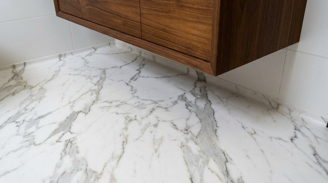 Waterproof white marble vinyl flooring with floating teak vanity.